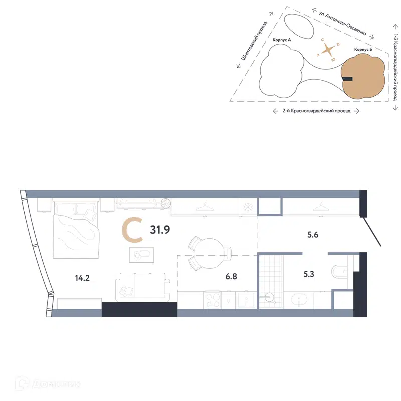 Студия 31.9 м² АУРУС Резиденции