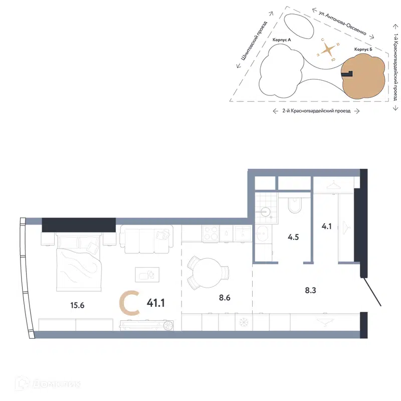 Студия 41.1 м² АУРУС Резиденции