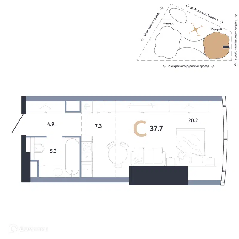 Студия 37.7 м² АУРУС Резиденции