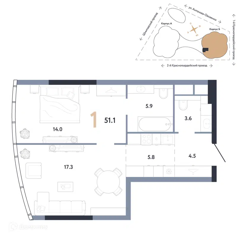 1-комнатная квартира 51.1 м² АУРУС Резиденции