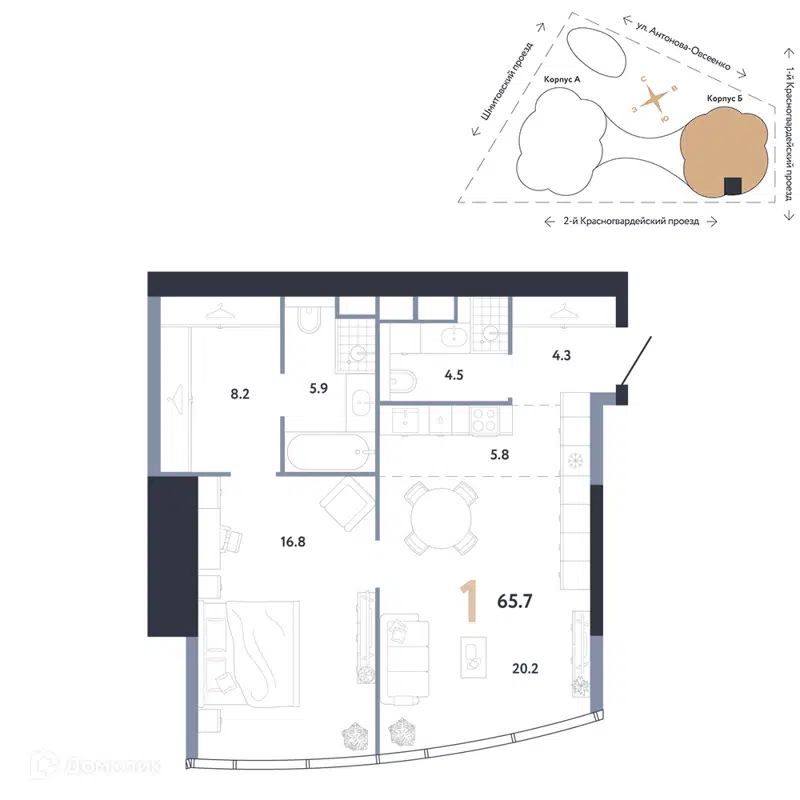 1-комнатная квартира 65.7 м² АУРУС Резиденции