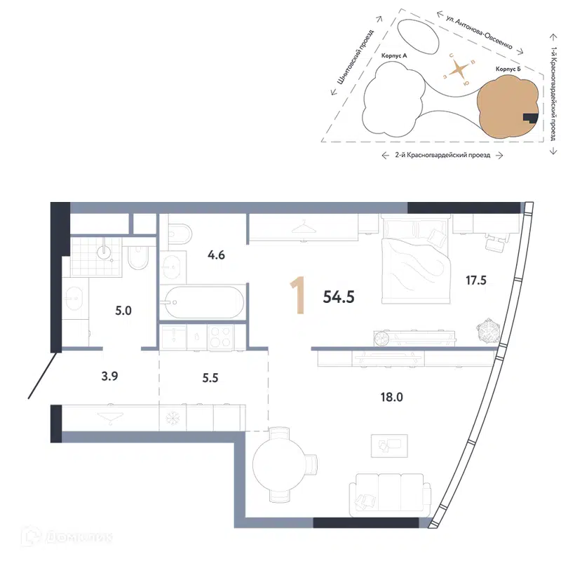 1-комнатная квартира 54.5 м² АУРУС Резиденции