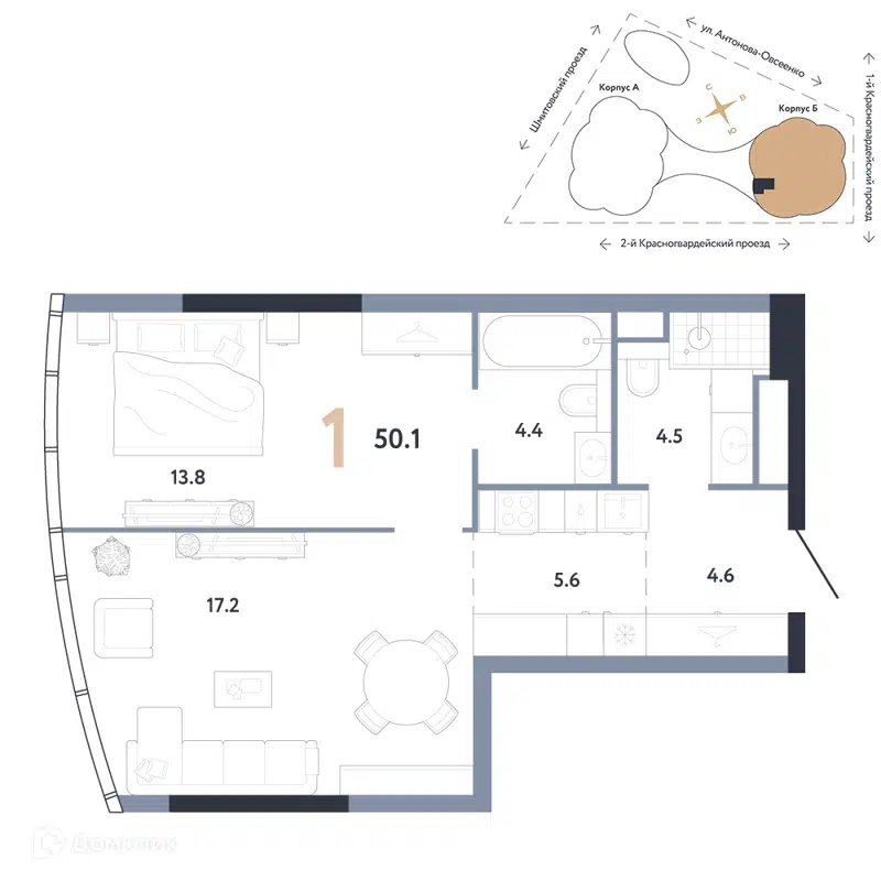 1-комнатная квартира 50.1 м² АУРУС Резиденции