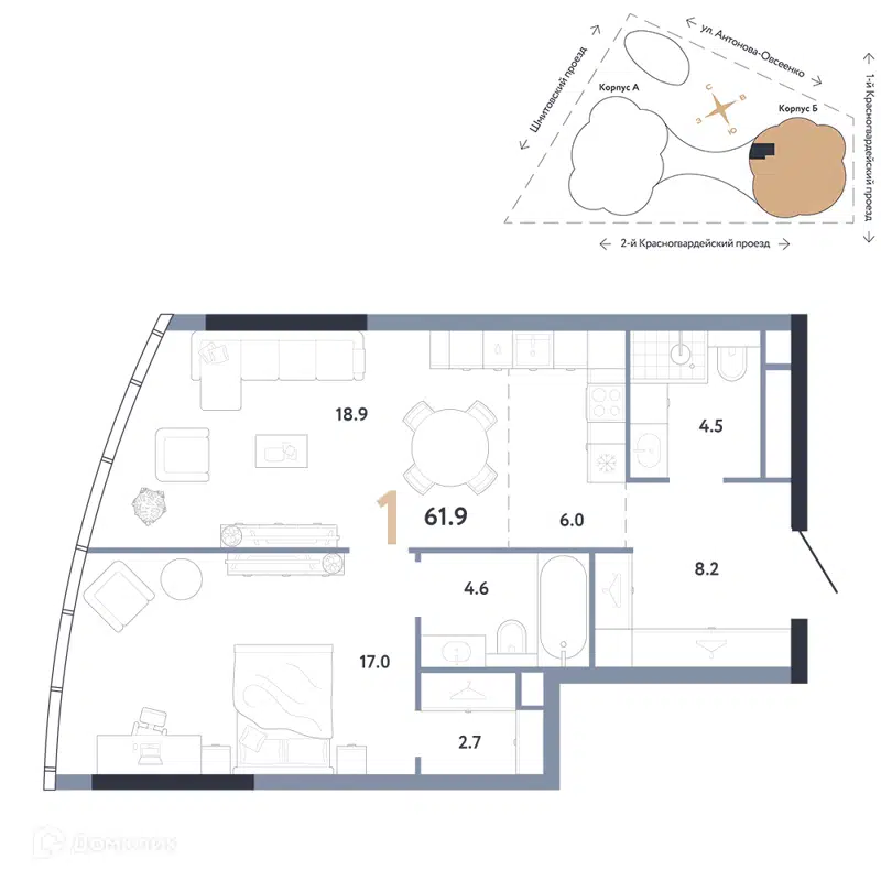 1-комнатная квартира 61.9 м² АУРУС Резиденции