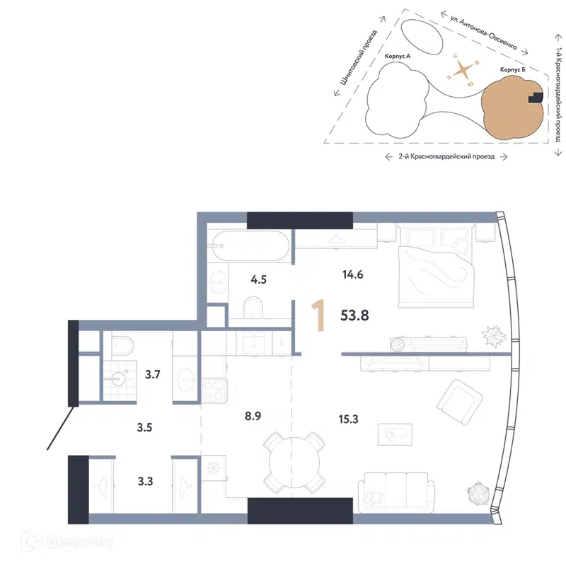 1-комнатная квартира 53.8 м² АУРУС Резиденции