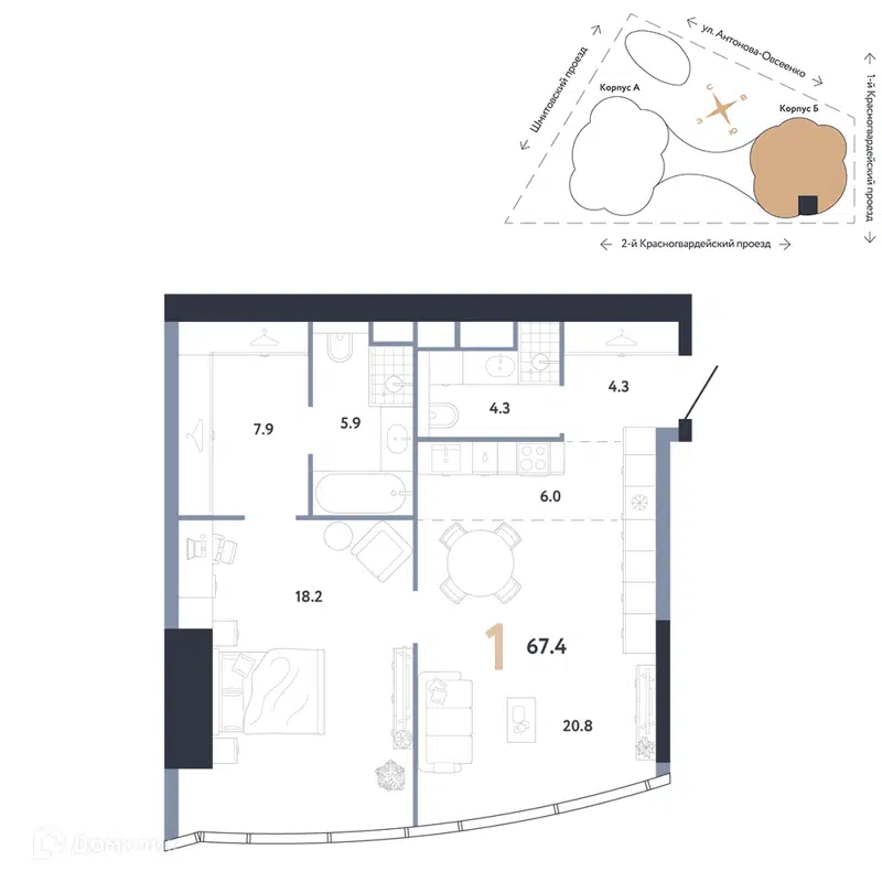 1-комнатная квартира 67.4 м² АУРУС Резиденции