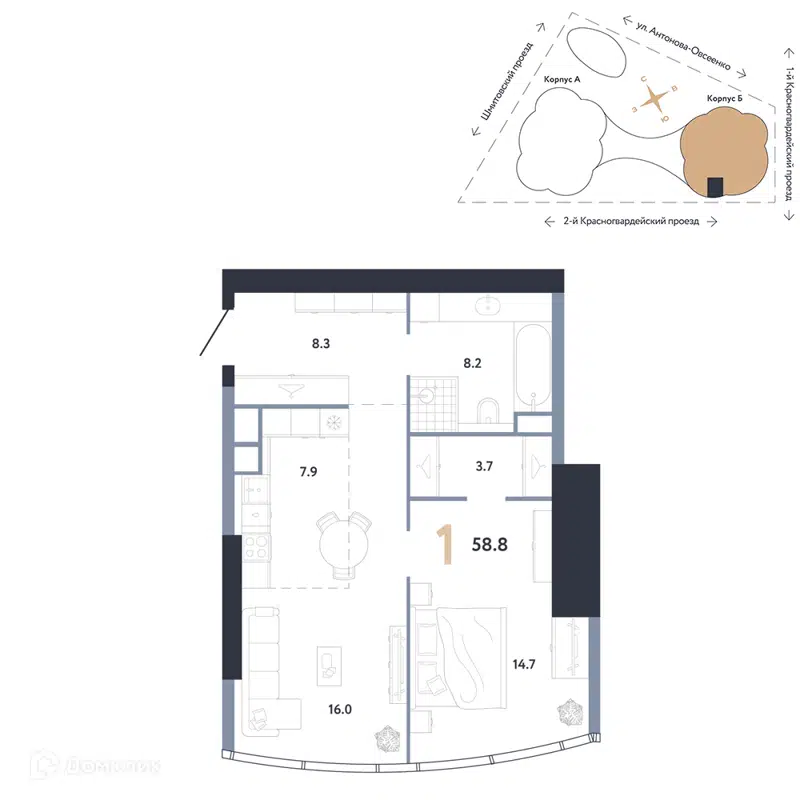 1-комнатная квартира 58.8 м² АУРУС Резиденции