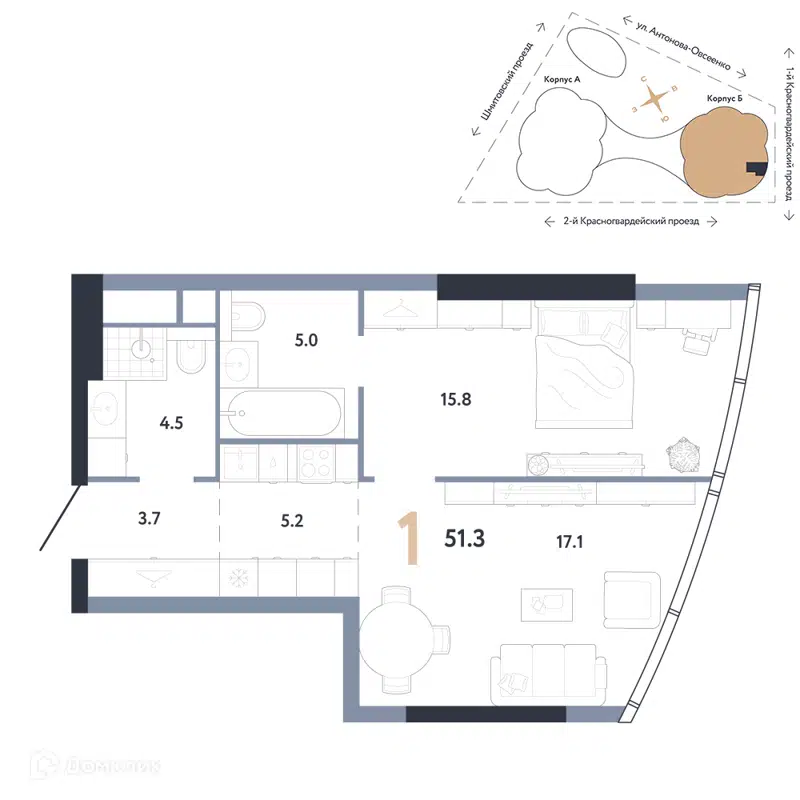 1-комнатная квартира 51.3 м² АУРУС Резиденции