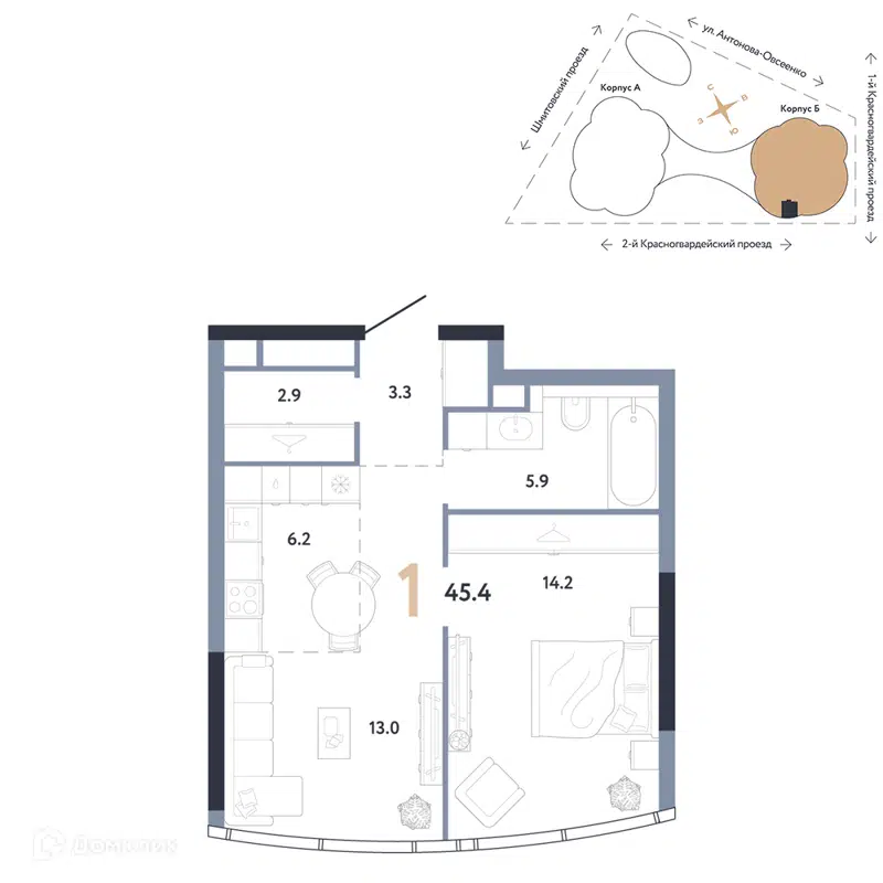 1-комнатная квартира 45.4 м² АУРУС Резиденции