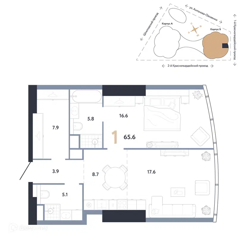 1-комнатная квартира 65.6 м² АУРУС Резиденции
