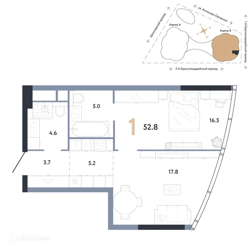 1-комнатная квартира 52.8 м² АУРУС Резиденции