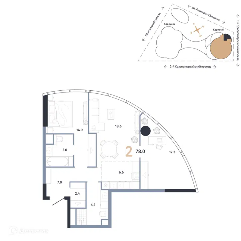 2-комнатная квартира 78 м² АУРУС Резиденции