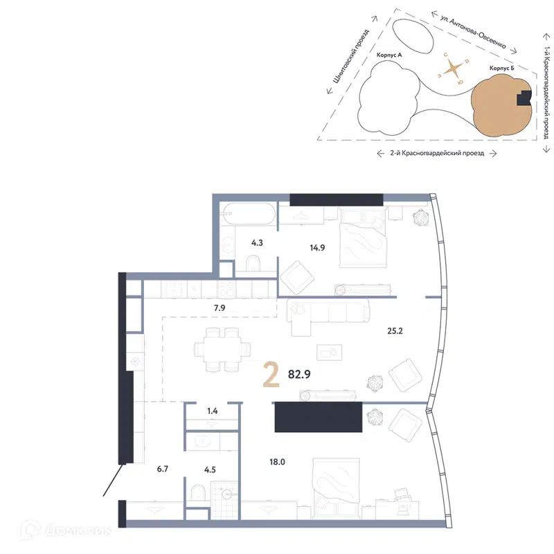 2-комнатная квартира 82.9 м² АУРУС Резиденции