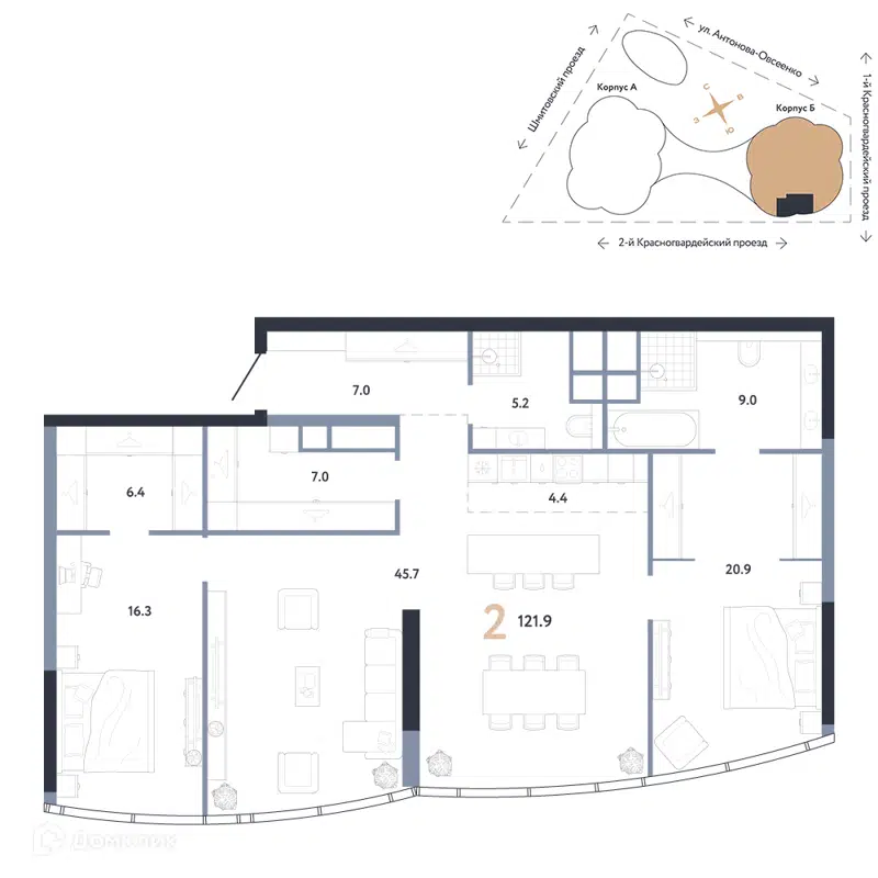 2-комнатная квартира 121.9 м² АУРУС Резиденции