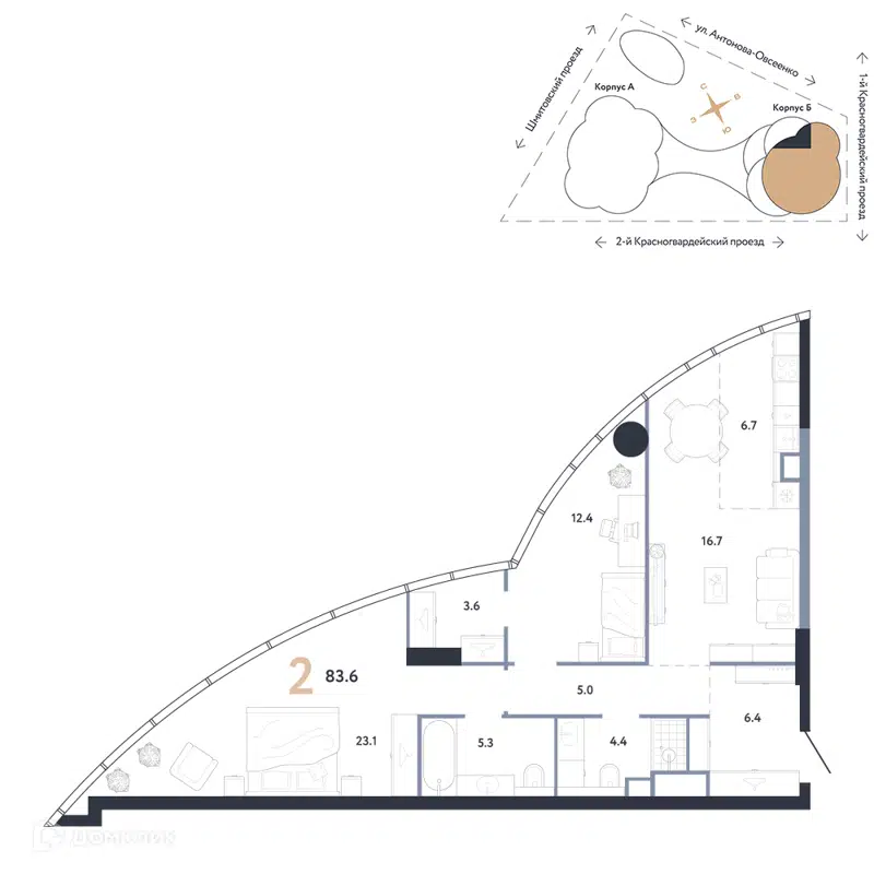 2-комнатная квартира 83.6 м² АУРУС Резиденции