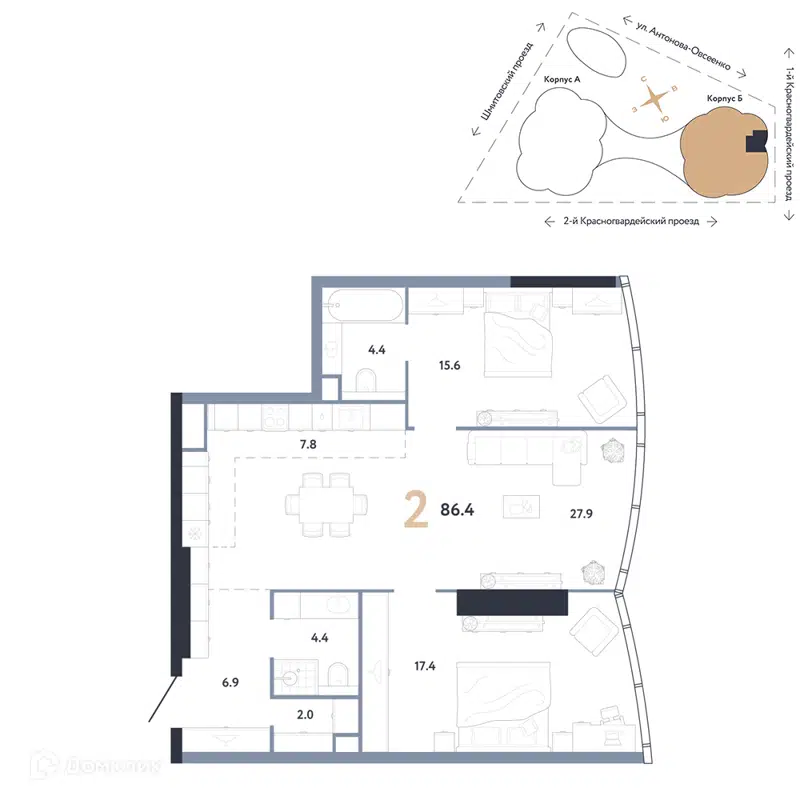 2-комнатная квартира 86.4 м² АУРУС Резиденции
