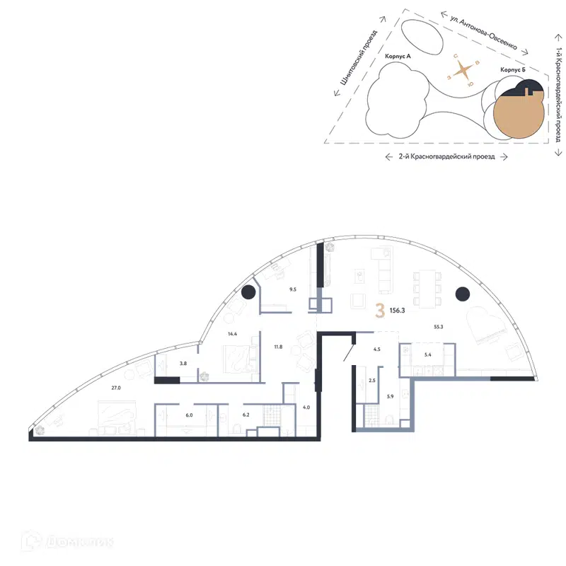 3-комнатная квартира 156.3 м² АУРУС Резиденции