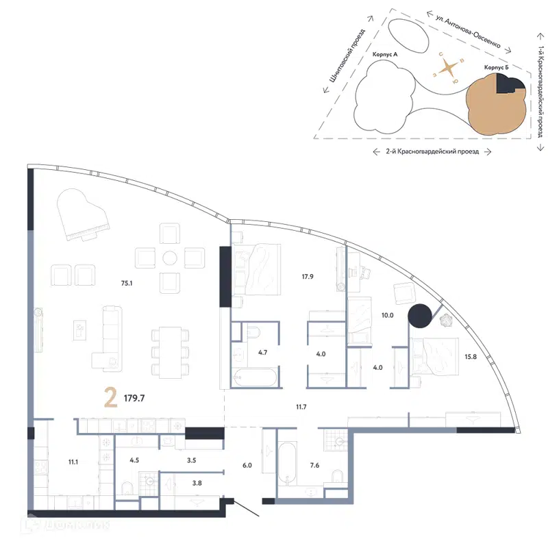 3-комнатная квартира 179.7 м² АУРУС Резиденции