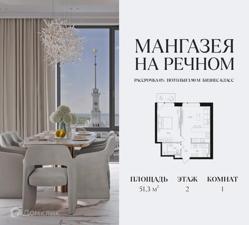 1-комнатная квартира 51.3 м² Мангазея на Речном