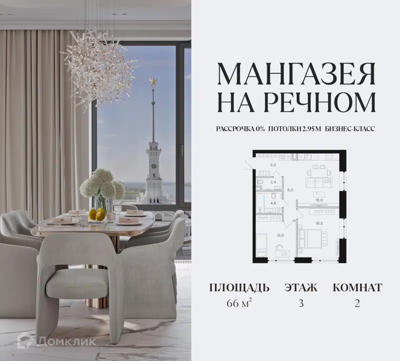 2-комнатная квартира 66 м² Мангазея на Речном