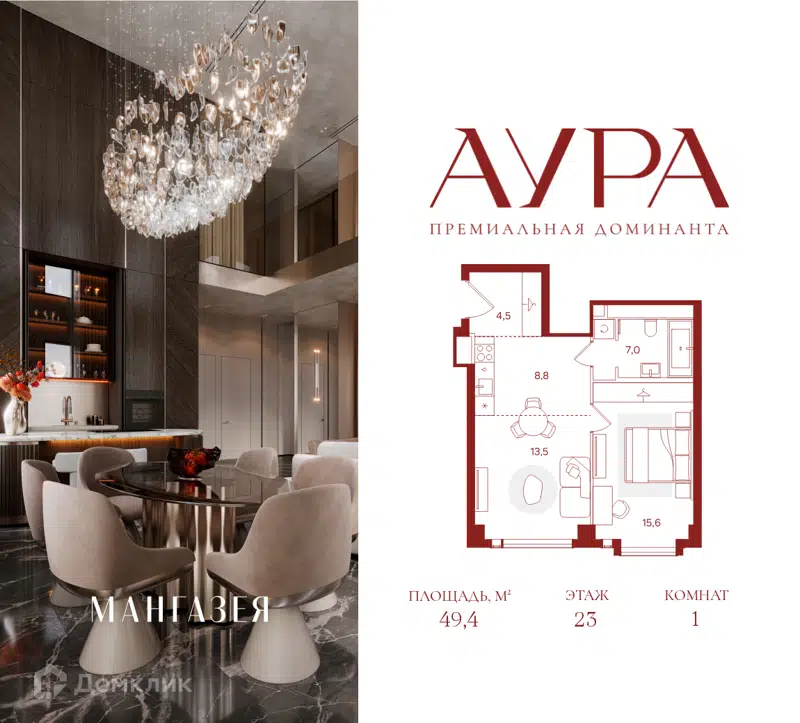 1-комнатная квартира 49.4 м² Аура
