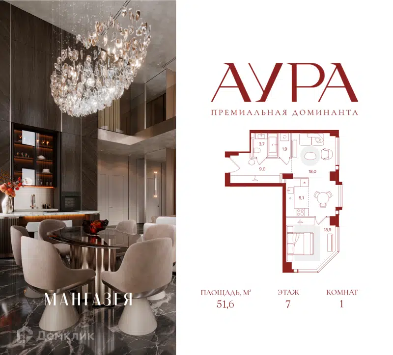 1-комнатная квартира 51.6 м² Аура