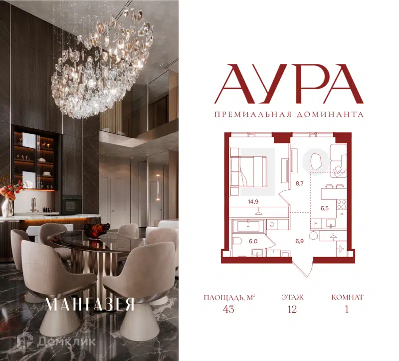 1-комнатная квартира 43 м² Аура