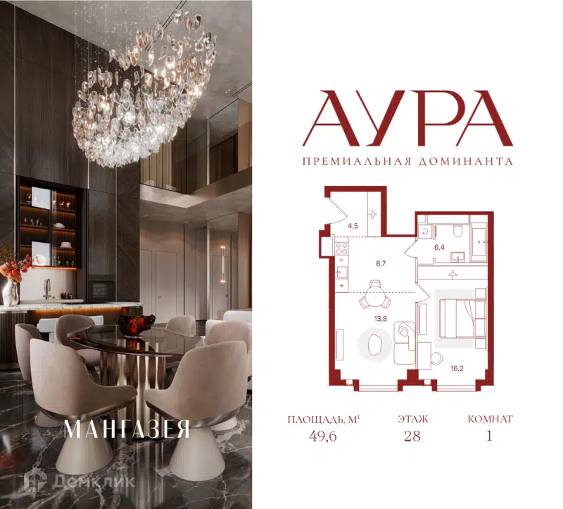 1-комнатная квартира 49.6 м² Аура