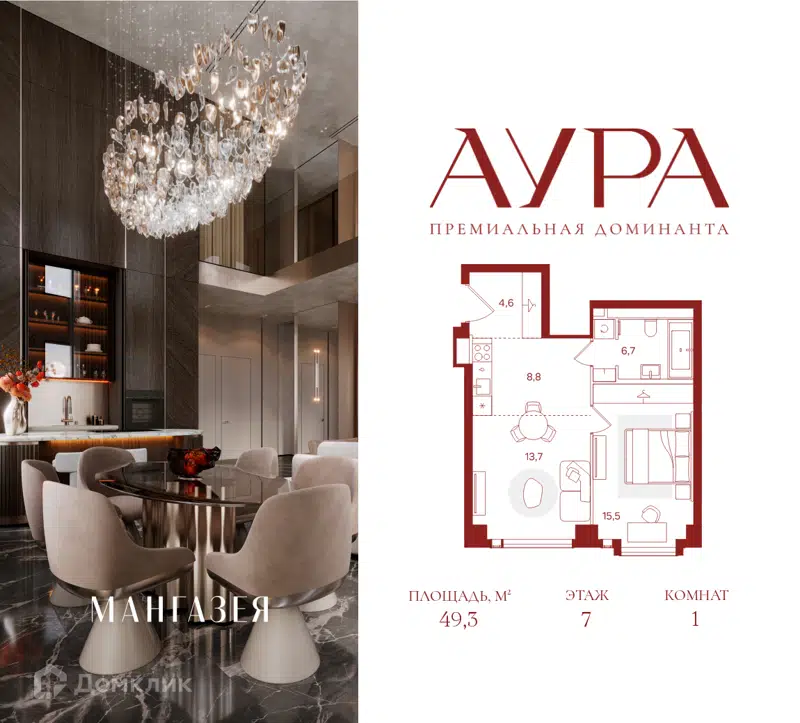 1-комнатная квартира 49.3 м² Аура