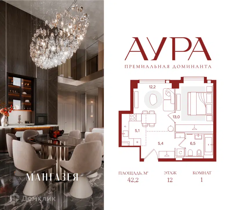 1-комнатная квартира 42.2 м² Аура