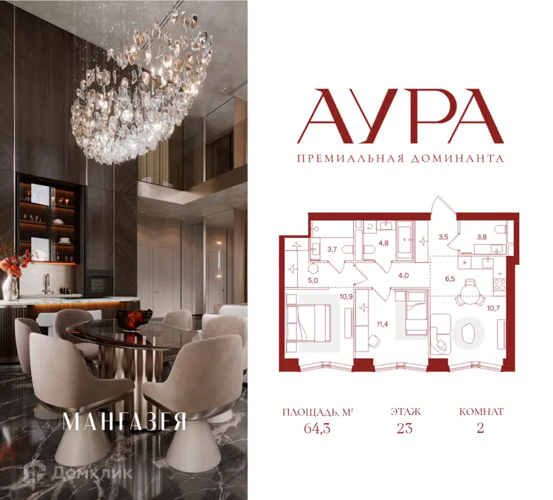 2-комнатная квартира 64.3 м² Аура