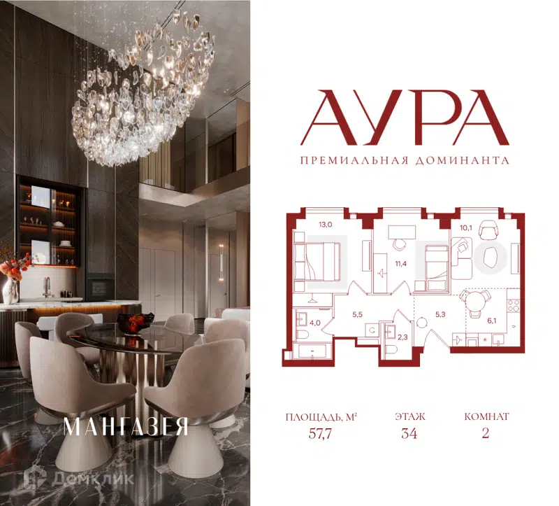 2-комнатная квартира 57.7 м² Аура