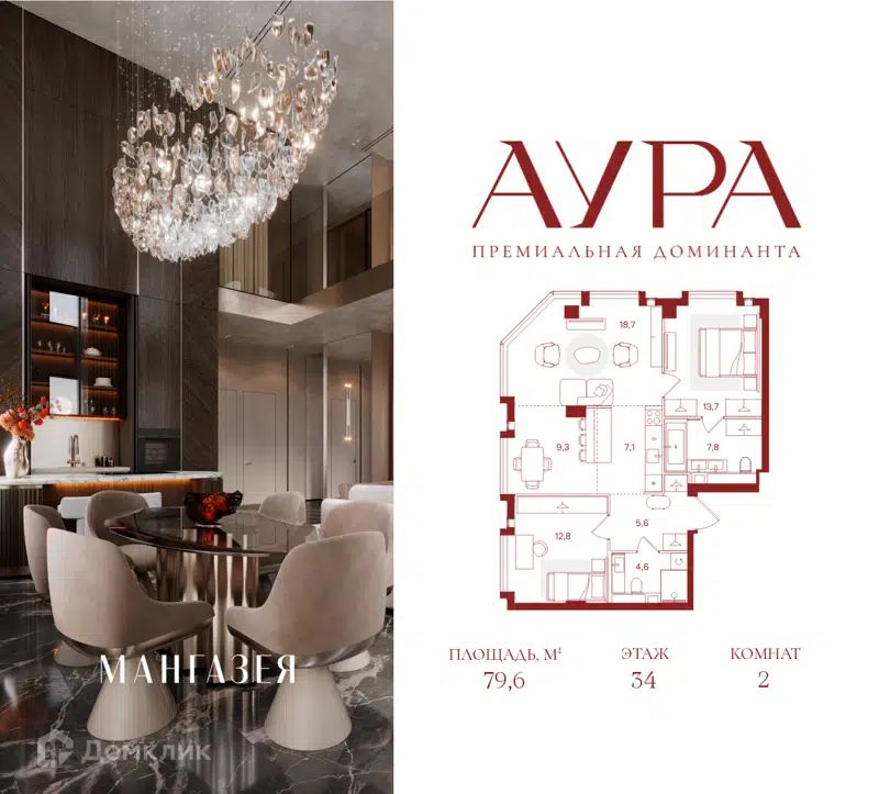 2-комнатная квартира 79.6 м² Аура