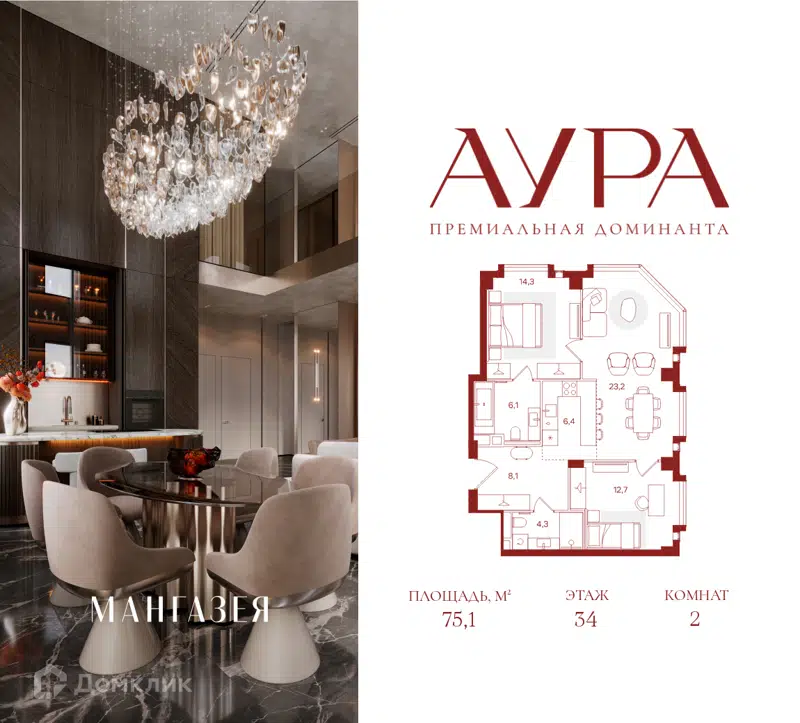 2-комнатная квартира 75.1 м² Аура