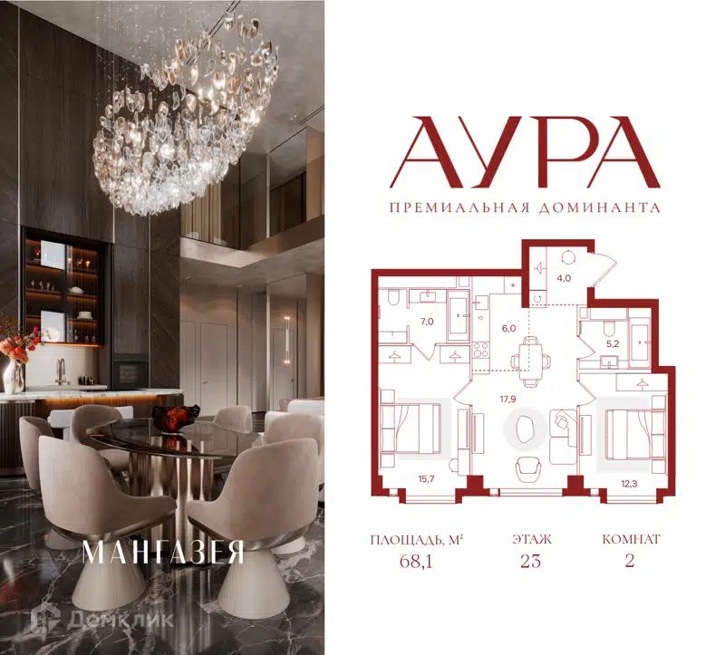 2-комнатная квартира 68.1 м² Аура
