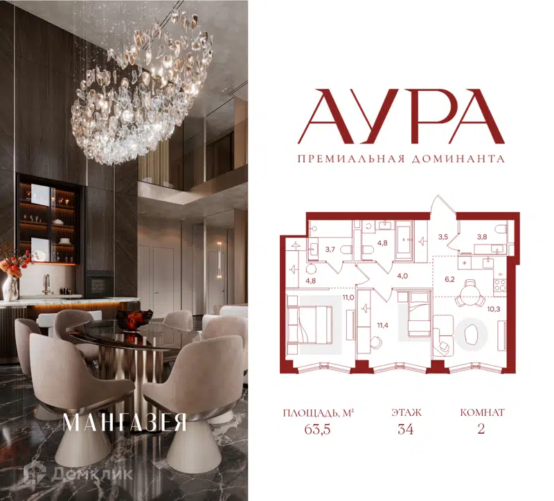 2-комнатная квартира 63.5 м² Аура