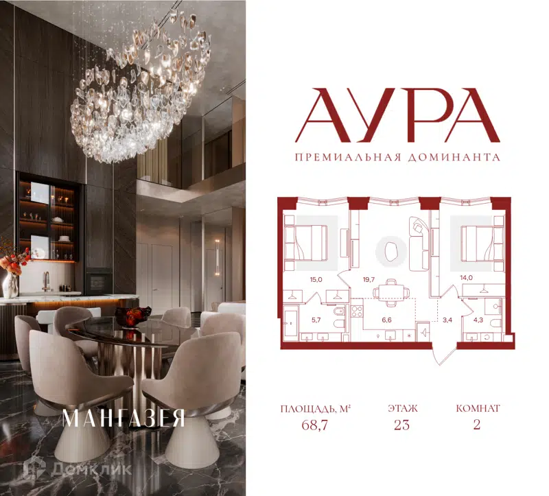 2-комнатная квартира 68.7 м² Аура