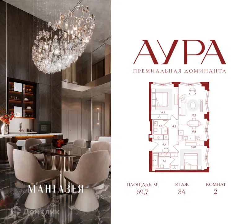 2-комнатная квартира 69.7 м² Аура