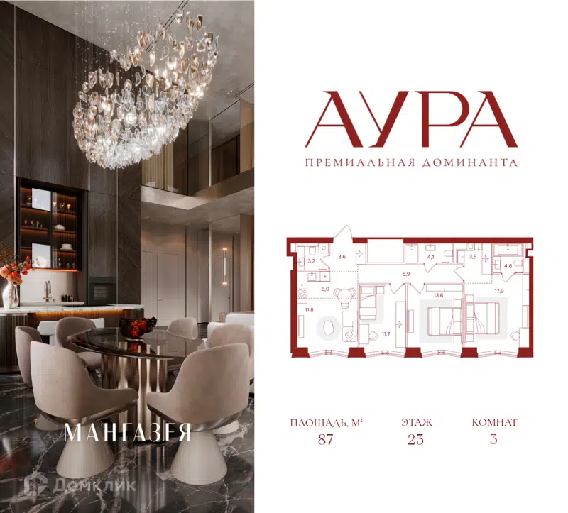 3-комнатная квартира 87 м² Аура