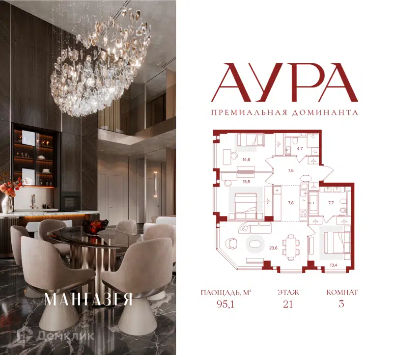 3-комнатная квартира 95.1 м² Аура
