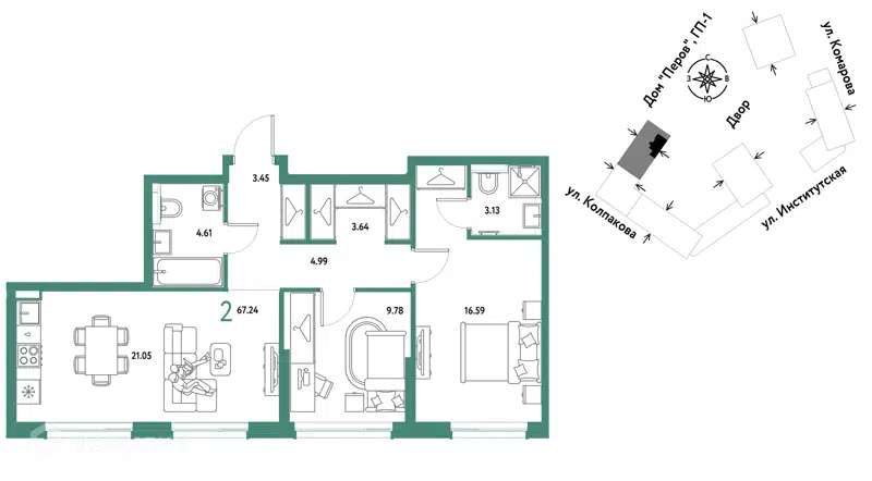 2-комнатная квартира 67.24 м² Страна.Парковая