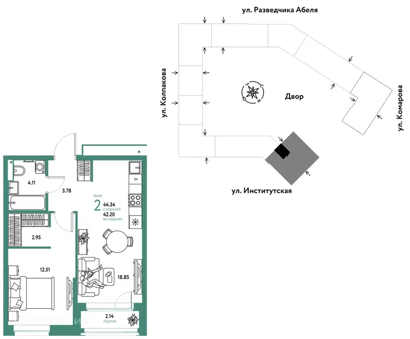 2-комнатная квартира 44.34 м² Страна.Парковая