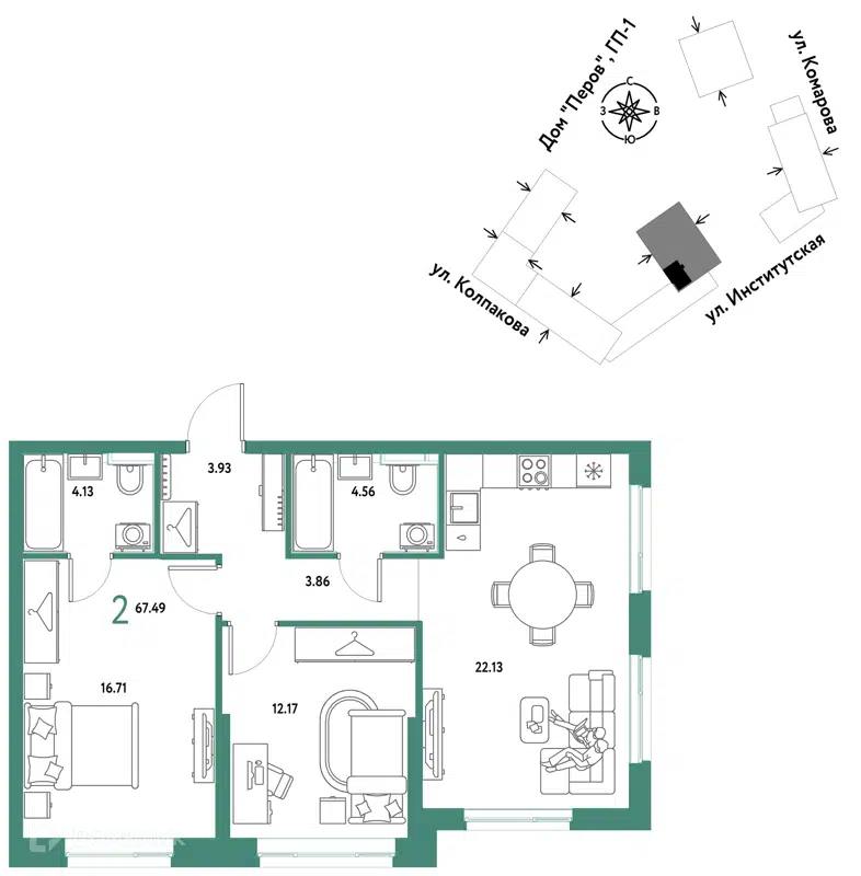 2-комнатная квартира 67.49 м² Страна.Парковая