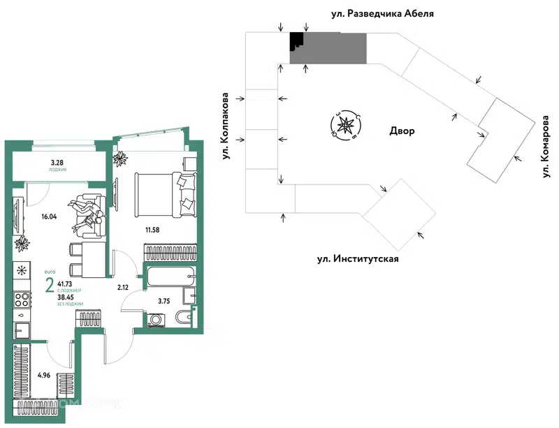 2-комнатная квартира 41.73 м² Страна.Парковая