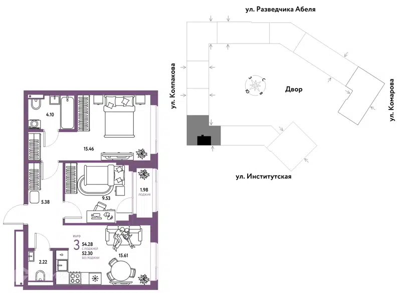3-комнатная квартира 54.28 м² Страна.Парковая
