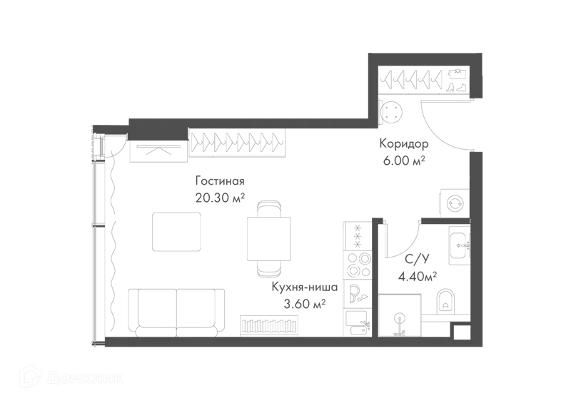 Студия 34.3 м² Слава