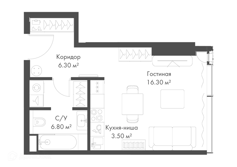 Студия 32.9 м² Слава