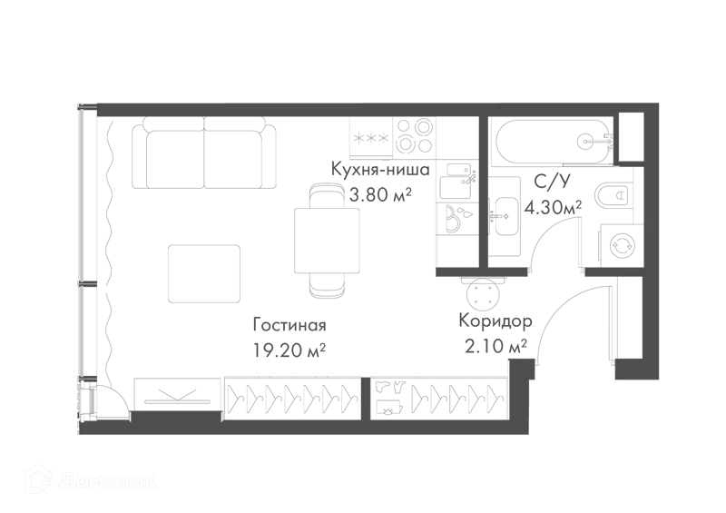 Студия 29.4 м² Слава