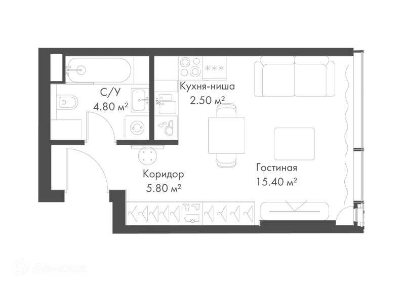 Студия 28.5 м² Слава