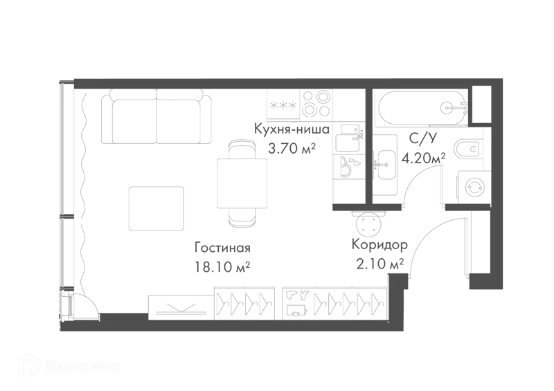 Студия 28.1 м² Слава
